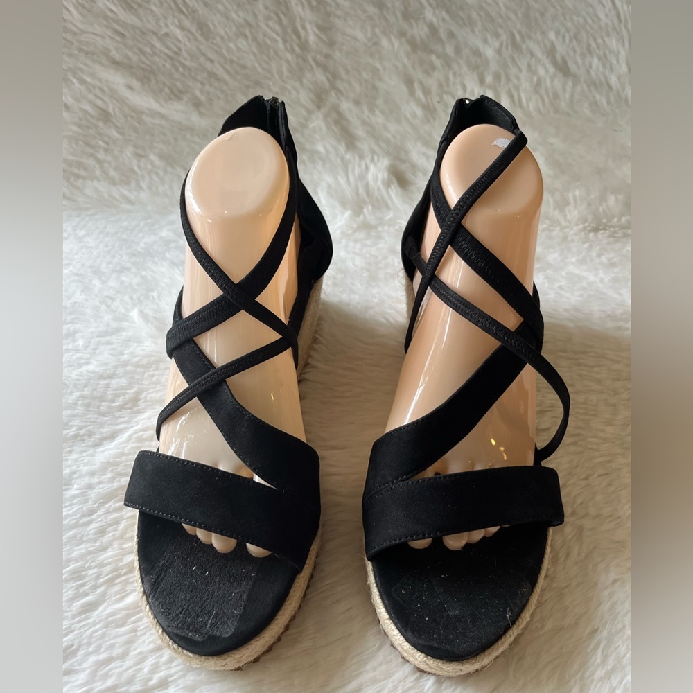 Eileen Fisher Black Suede Espadrille Wedge Sandals Size 10 NWOT Women
